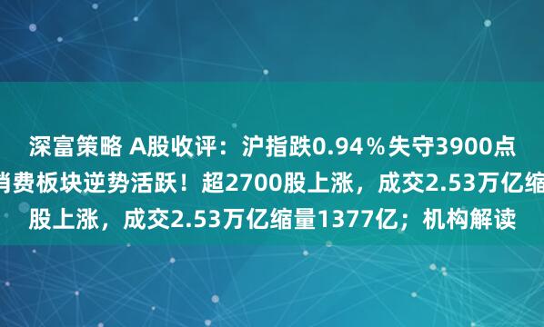深富策略 A股收评:沪指跌0.94%失守3900点创指收跌4.55%,大消费板块逆势活跃!超2700股上涨,成交2.53万亿缩量1377亿;机构解读
